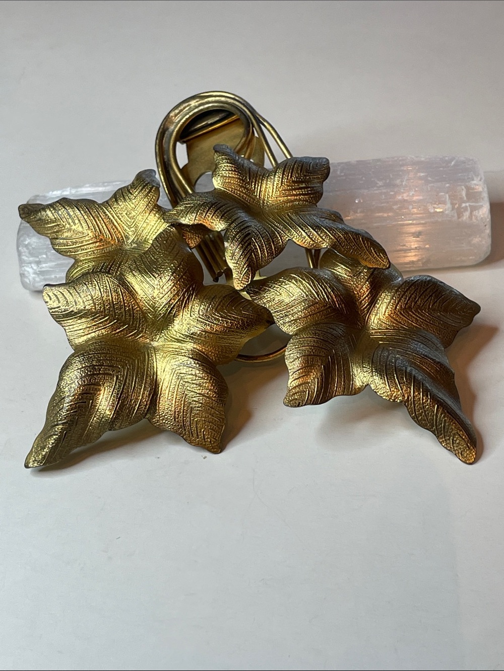 Antique Gold Tone Textured Sculptured Leaves Dress Clip